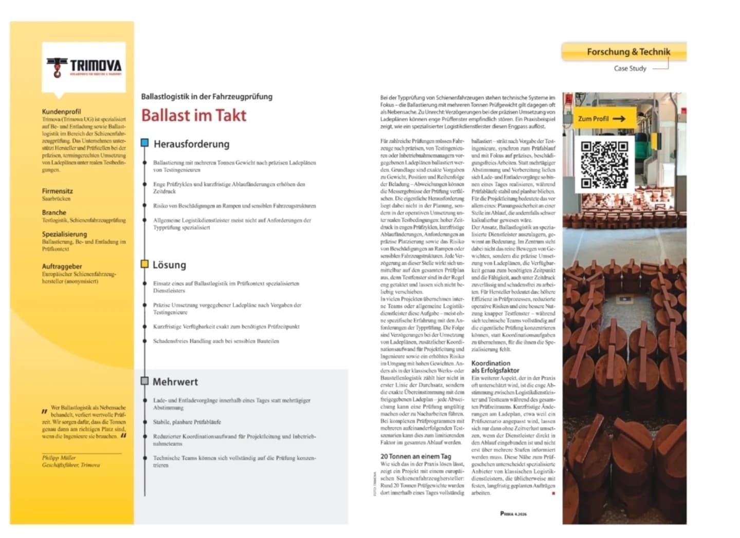 Magazin-Doppelseite der Trimova Case Study Ballast im Takt im Privatbahn Magazin 04/2026